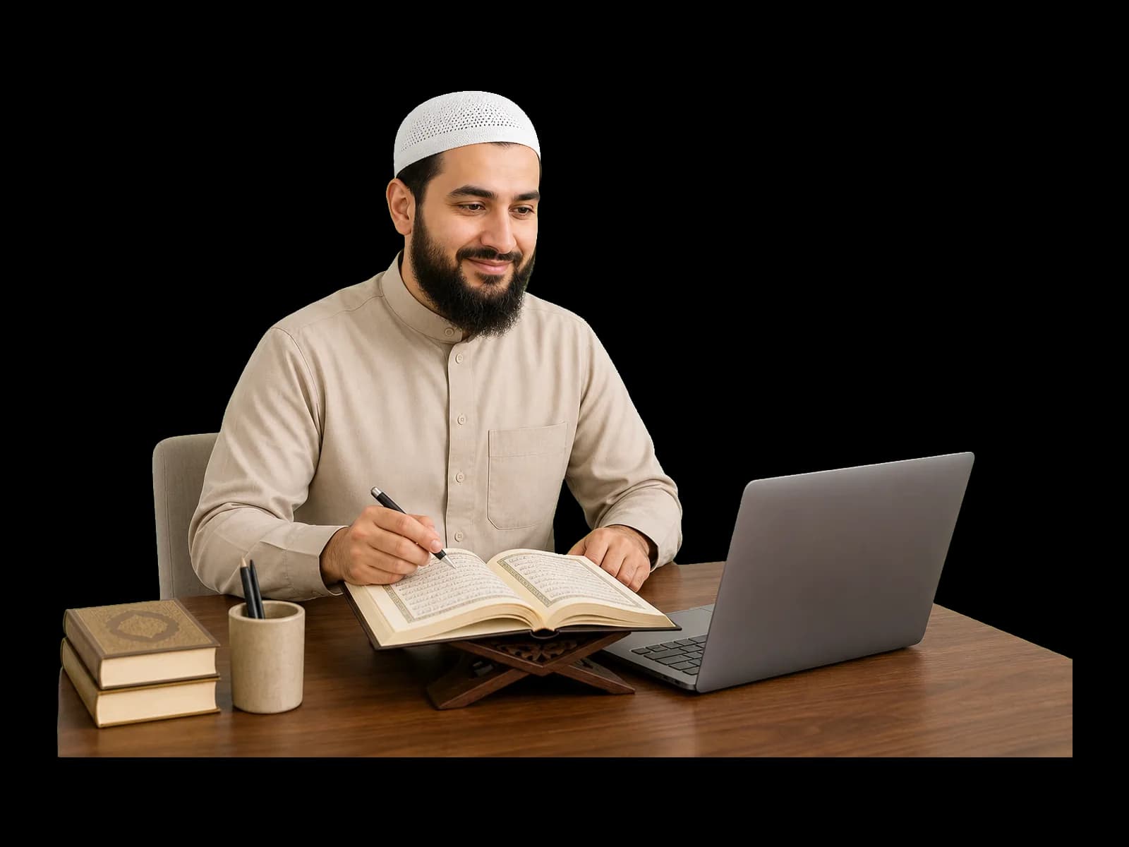 A student learning the Quran with a qualified teacher at our online academy