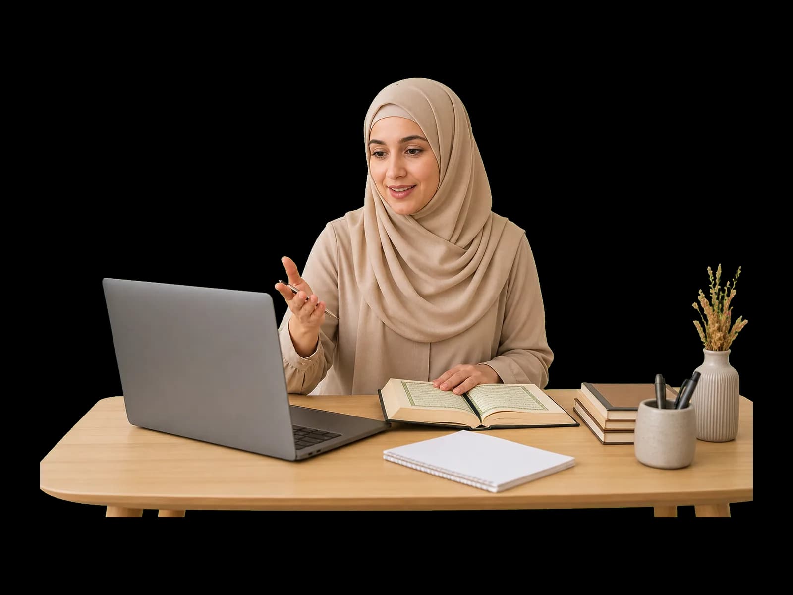 A qualified female Quran teacher giving a private online lesson