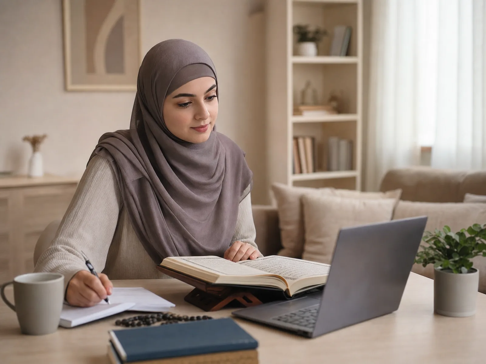 A sister studying the Quran privately at home with a female teacher