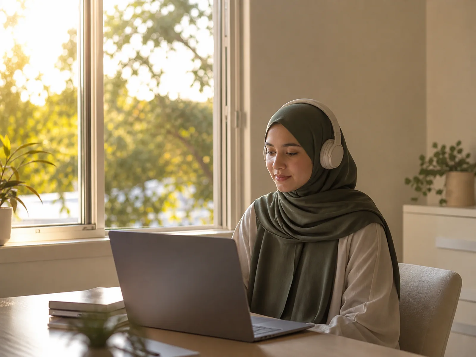 A student in Australia taking a live online Quran lesson on a late afternoon