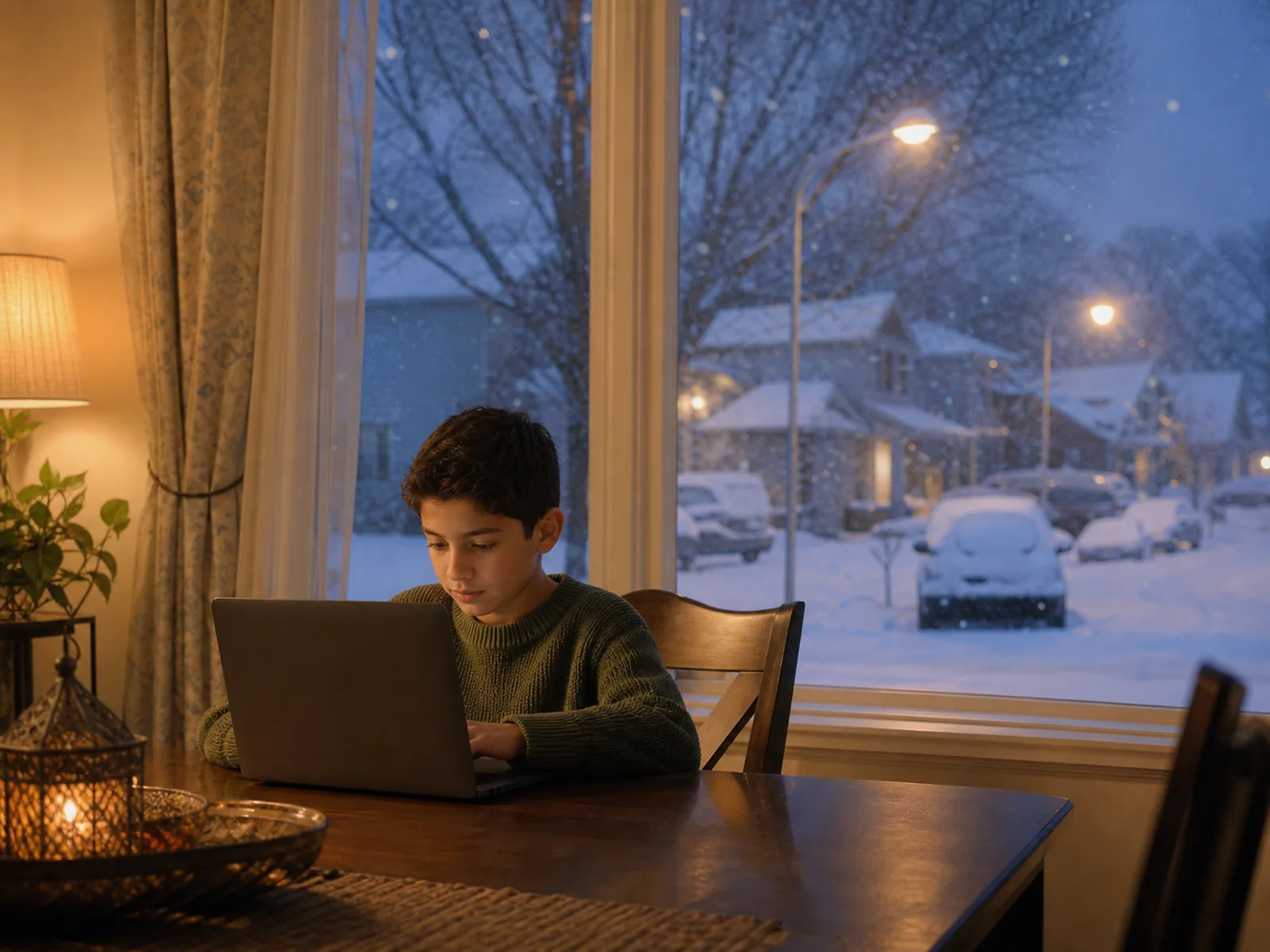 A child in Canada taking an online Quran class at home on a snowy winter evening