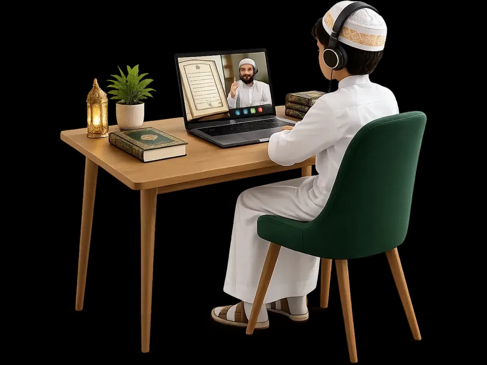 A young student taking a live one-to-one online Quran class on a laptop