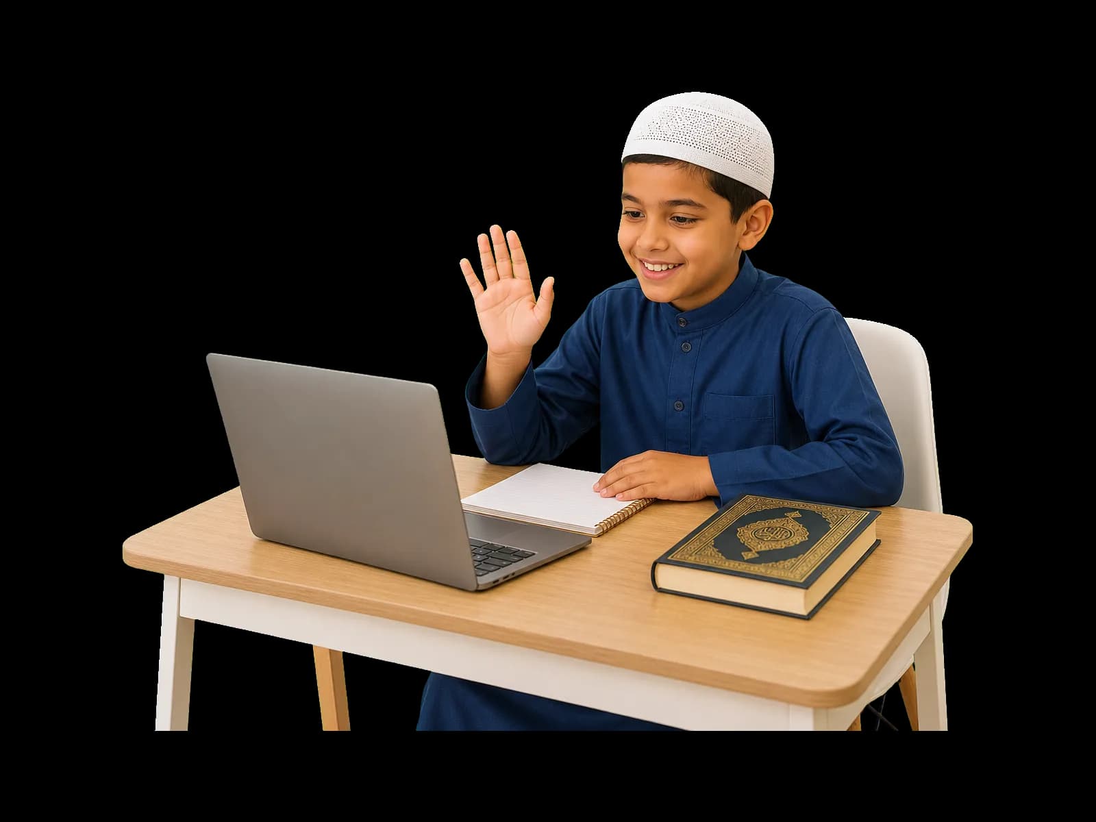 A young student taking a live one-to-one online Quran class from home in the USA