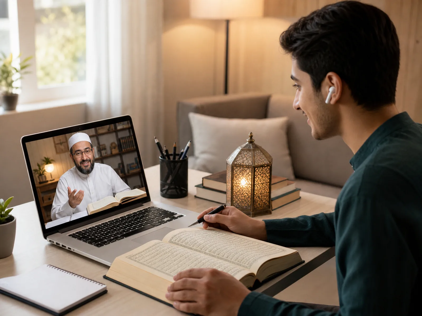 A teacher guiding a student through the Quran in a one-to-one lesson