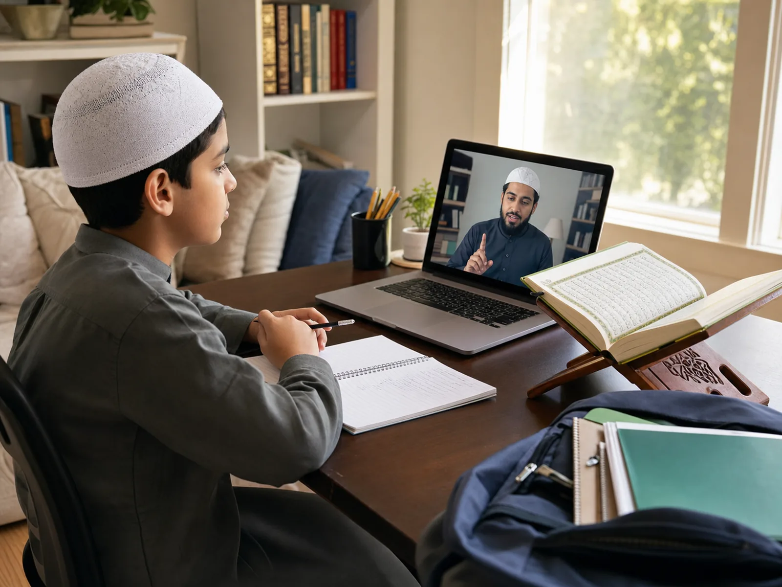 A child attending an after-school online Quran lesson at a desk at home