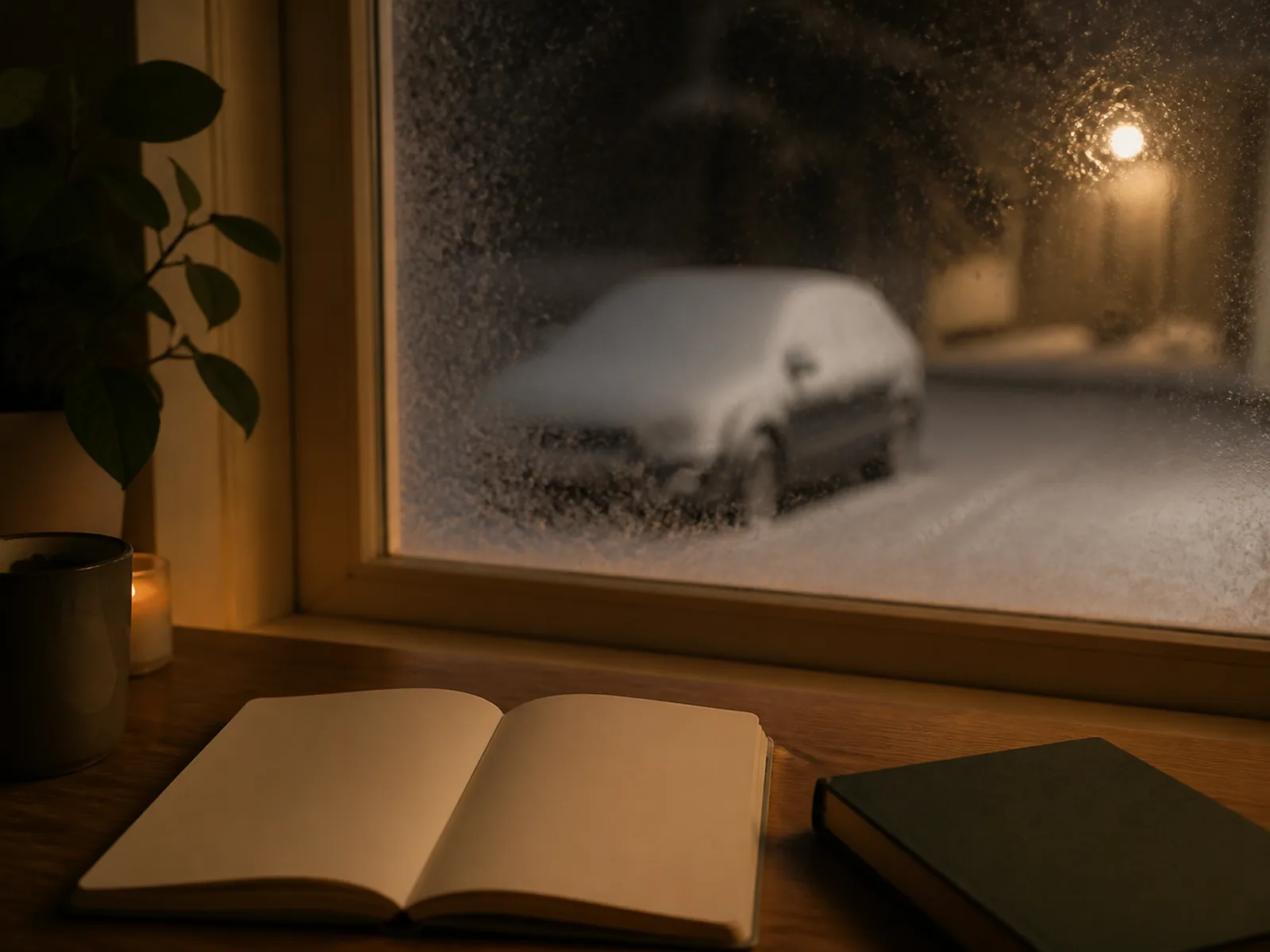 A warm home study setup on a snowy Canadian night, with no need to travel to class