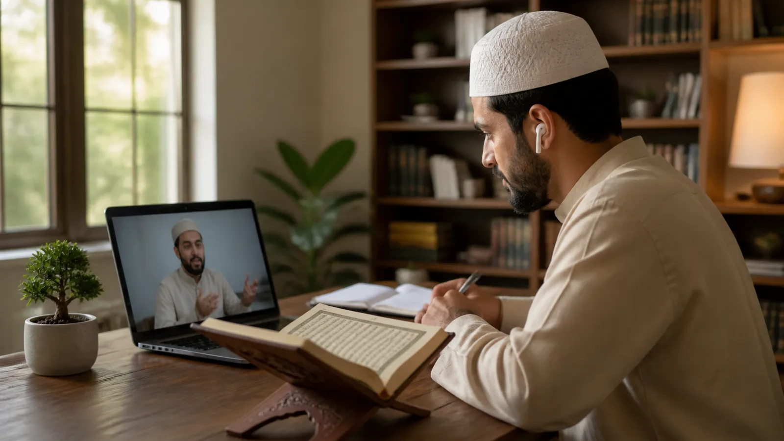 Focused adult learner receiving one-to-one Quran feedback online