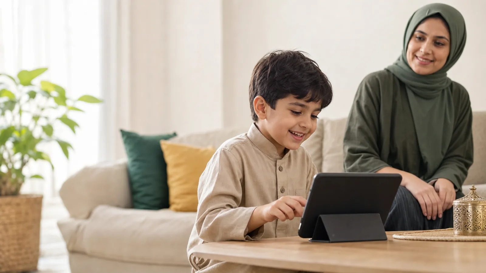 A young child taking an online Quran class at home with a parent nearby