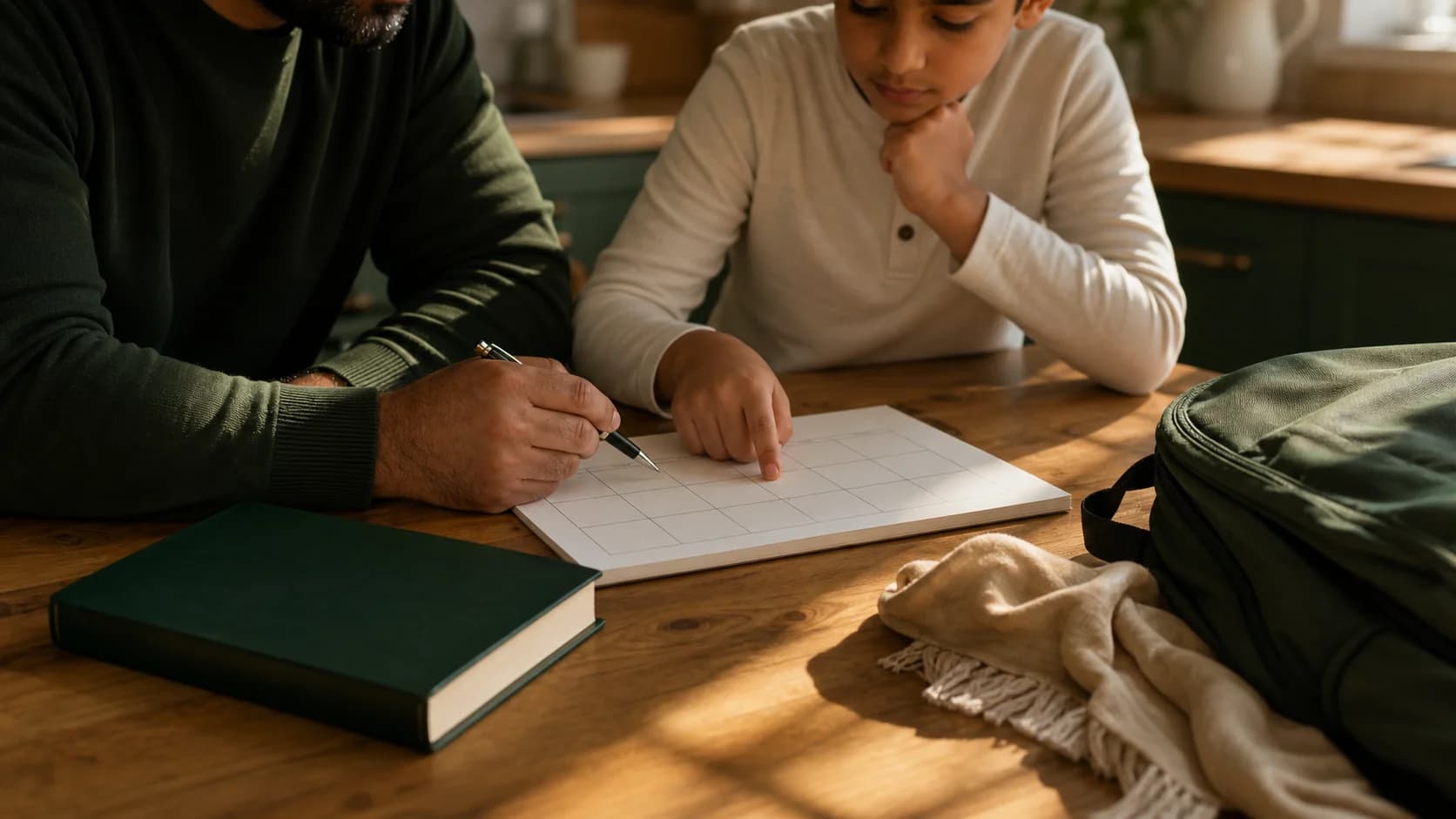A family planning a calm after-school Quran learning routine at the kitchen table