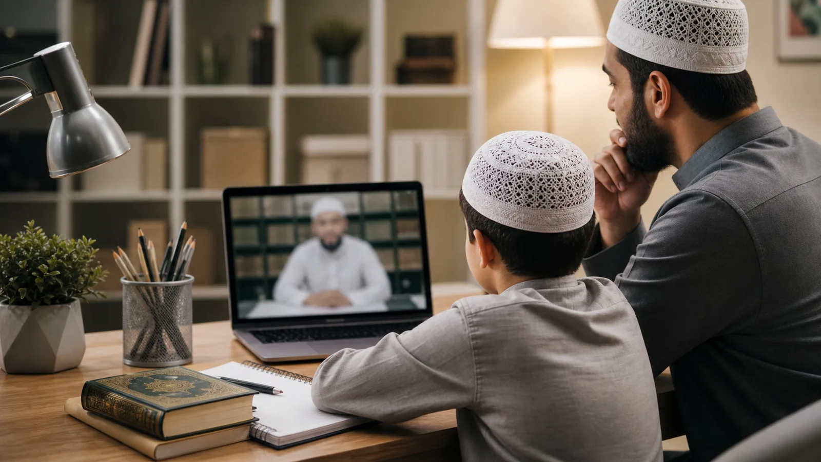Parent and child thoughtfully meeting an online Quran teacher on a laptop