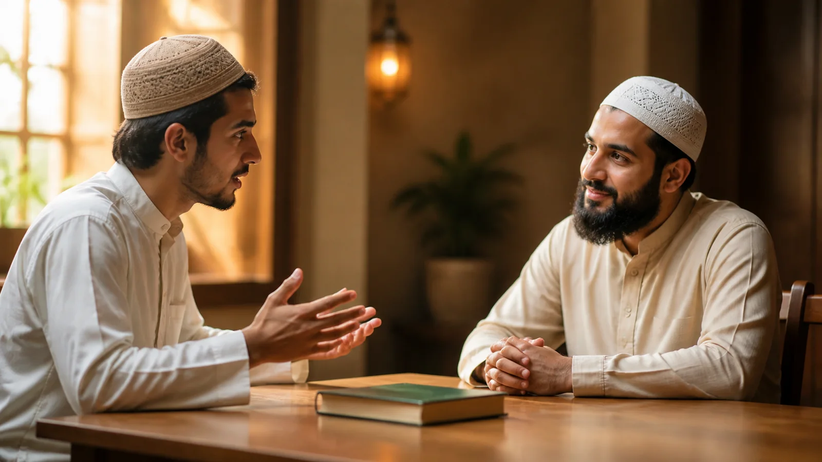 A teacher correcting a student's recitation during a Tajweed lesson