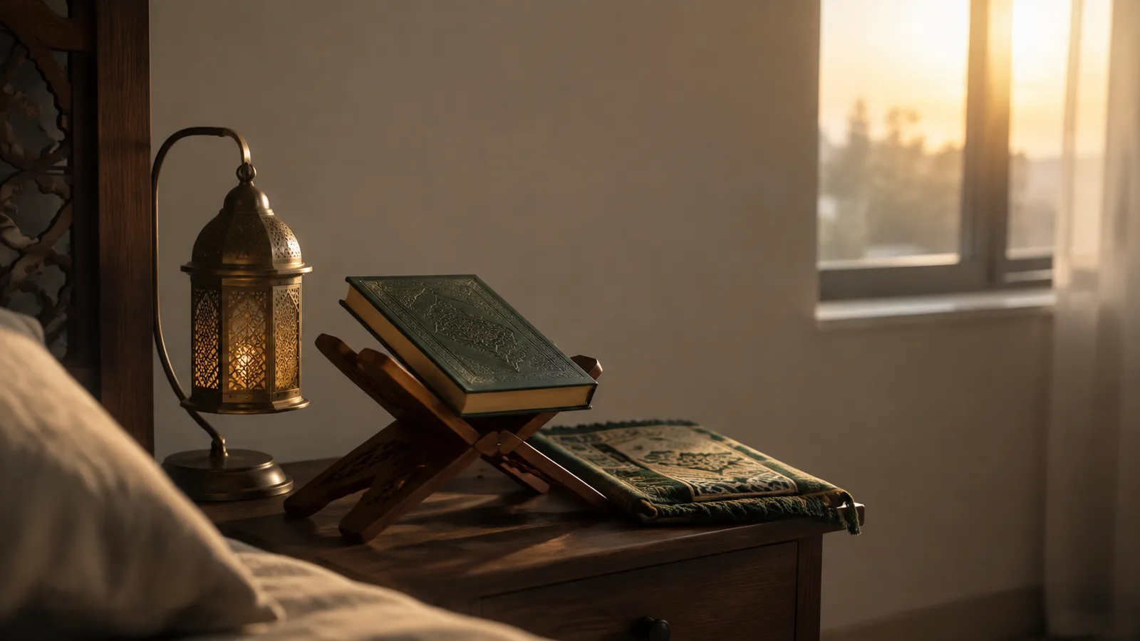 A closed Quran on a wooden stand on a bedside table at dawn, beside a lantern and a folded prayer mat