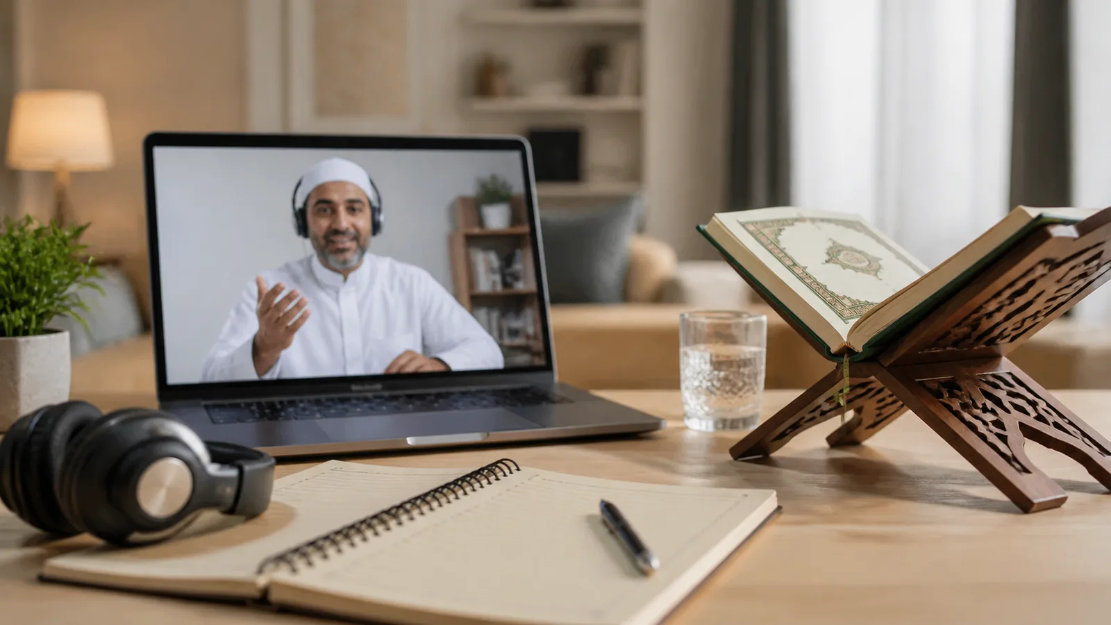 Welcoming first online Quran lesson setup with laptop, headset and Quran