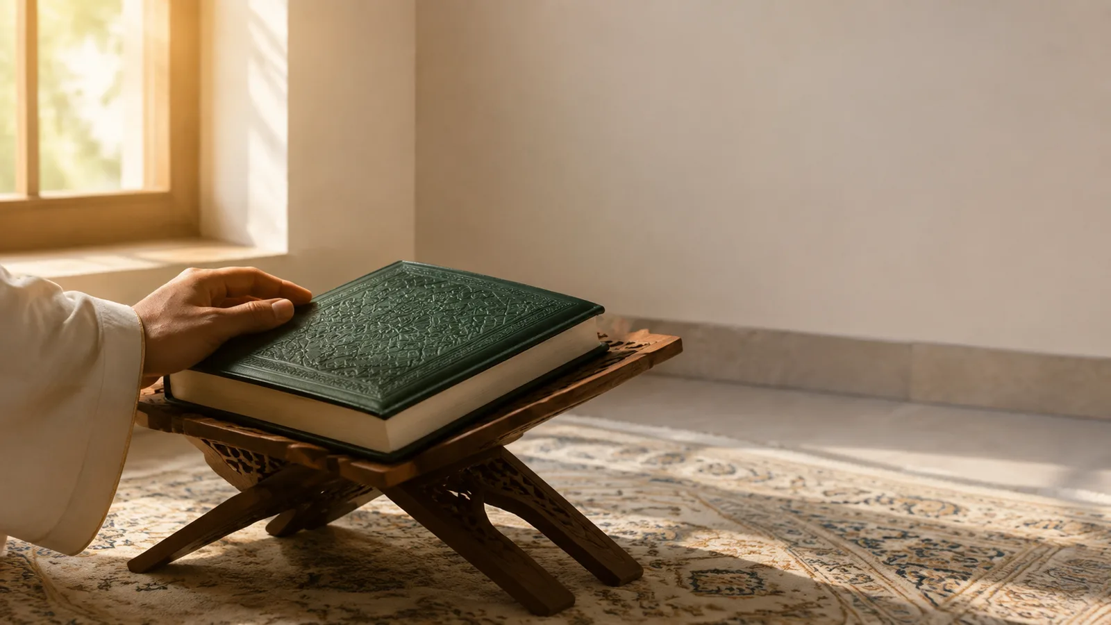 A hand resting on a closed Quran on a wooden stand beside a sunlit window