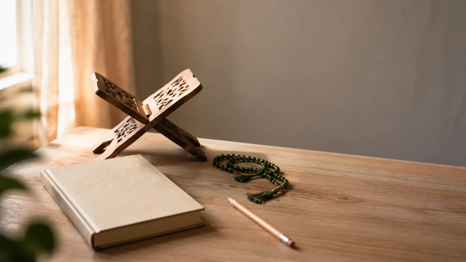 A closed reading primer on a wooden table beside a pencil, prayer beads and an empty wooden book stand