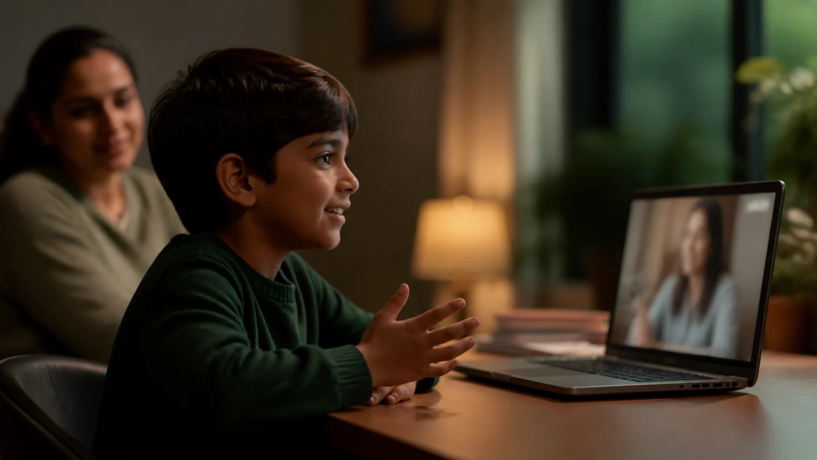 A quiet child becoming comfortable reading aloud during a supportive online lesson