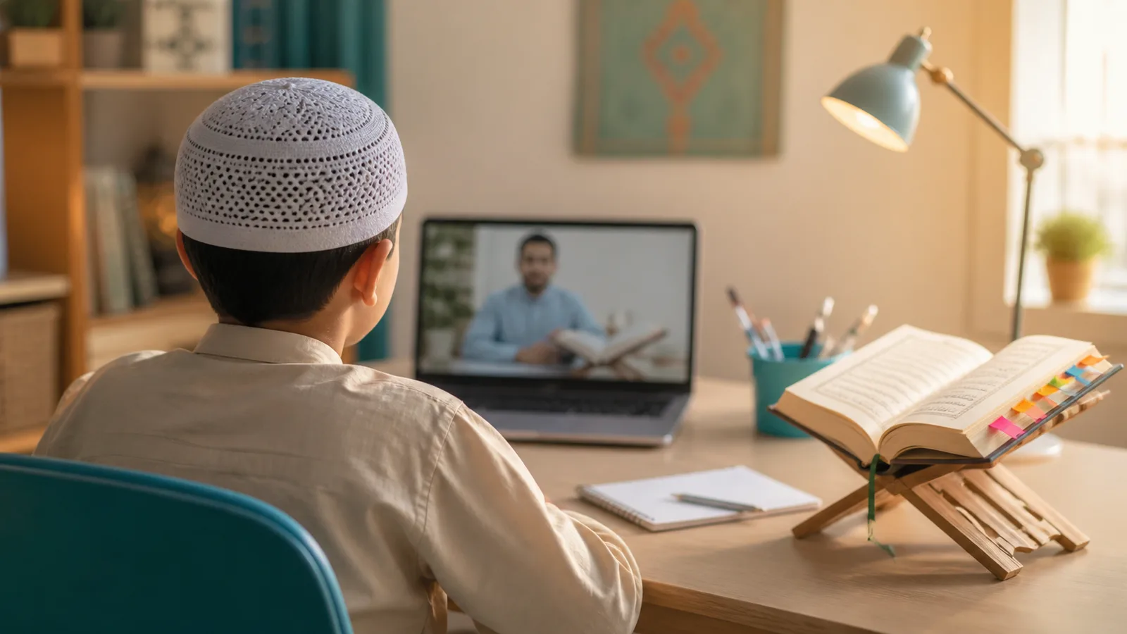 Child attending a calm one-to-one online Quran memorisation lesson at home
