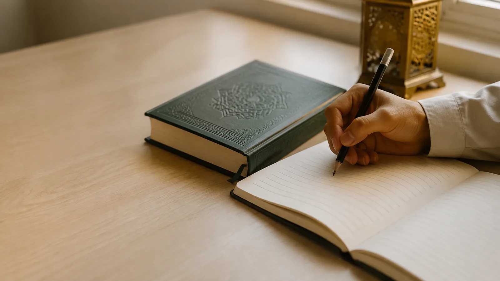 A student's hand holding a pencil over a lined notebook beside a closed Quran on a wooden desk