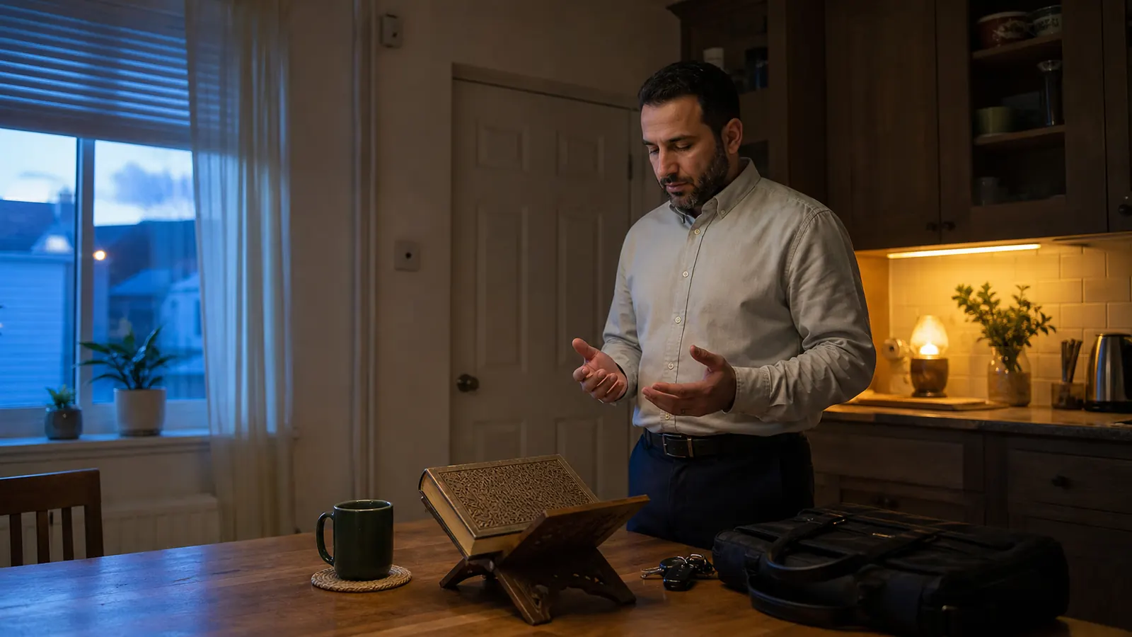 An adult revising memorised Quran at the kitchen table before leaving for work