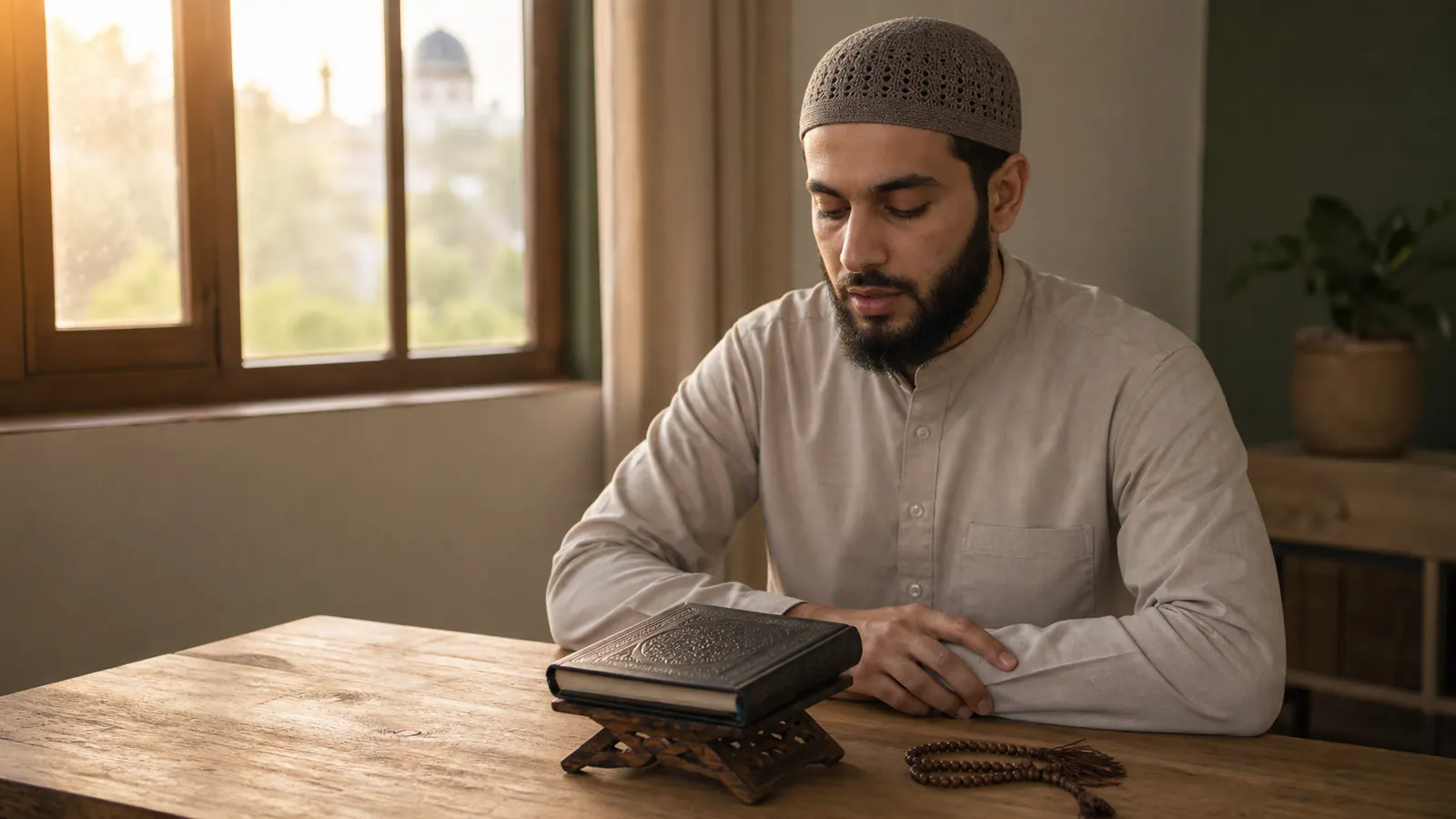 An adult reciting the Quran from memory at dawn with the mushaf closed beside him