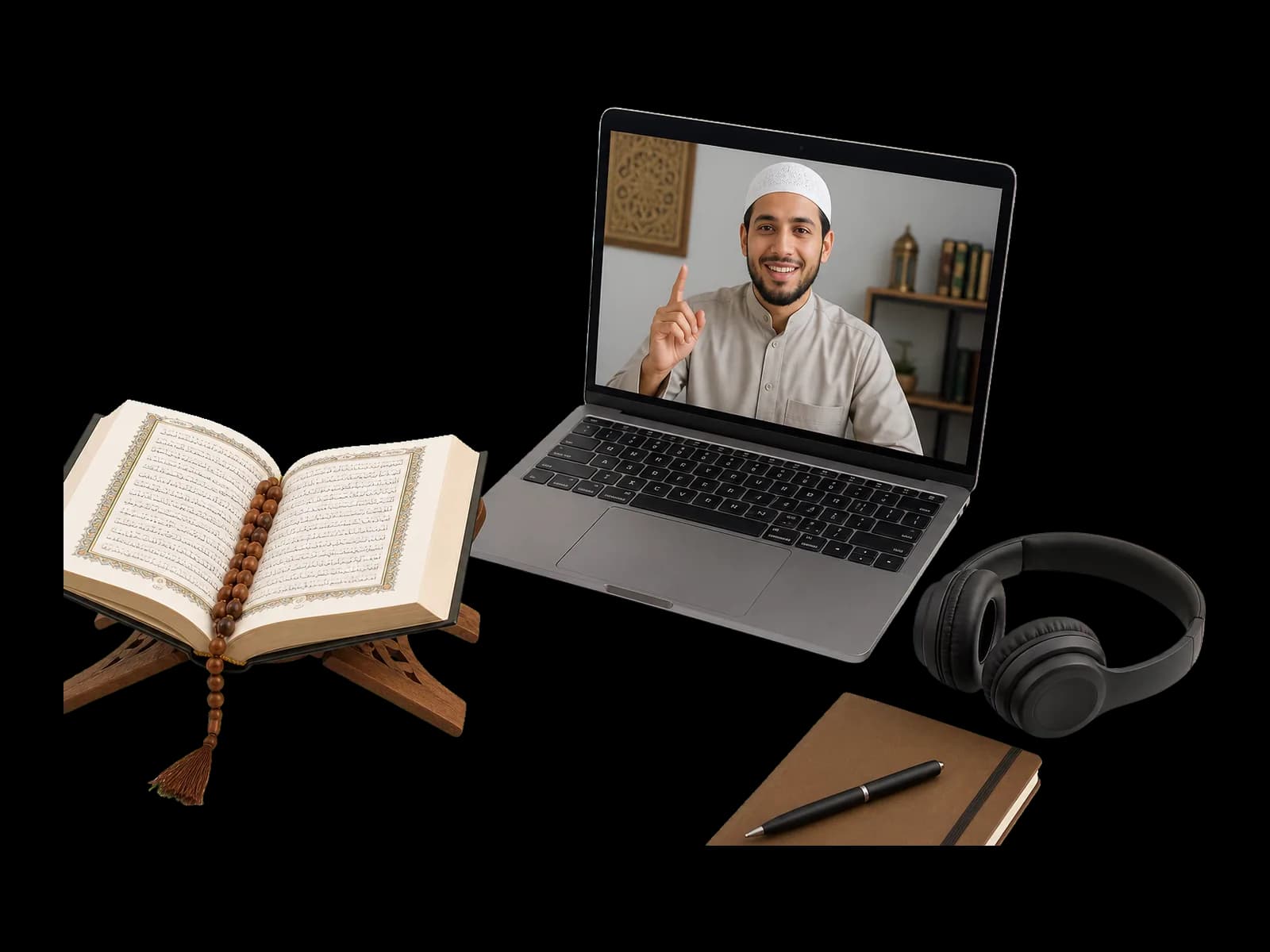 A laptop showing a live one-to-one online Quran lesson in progress