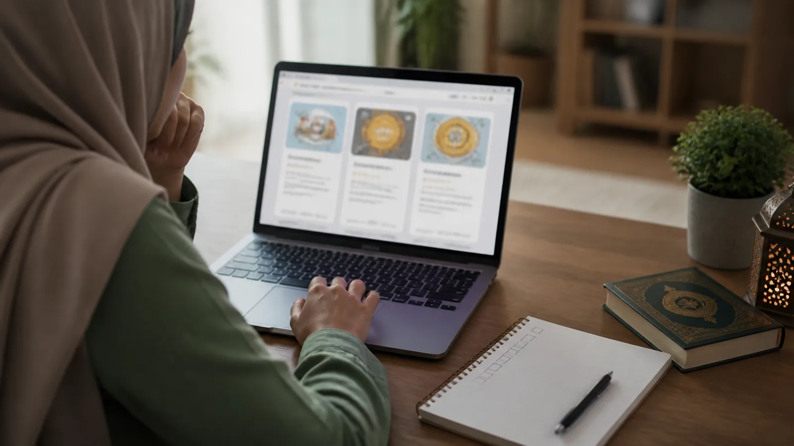 Parent comparing online Quran academy options with a checklist