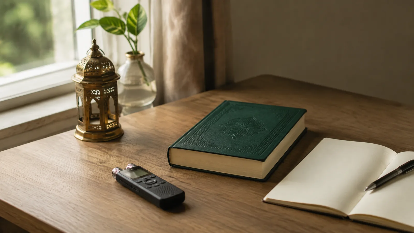 A closed green Quran on a wooden desk beside a voice recorder and an open notebook with a pen