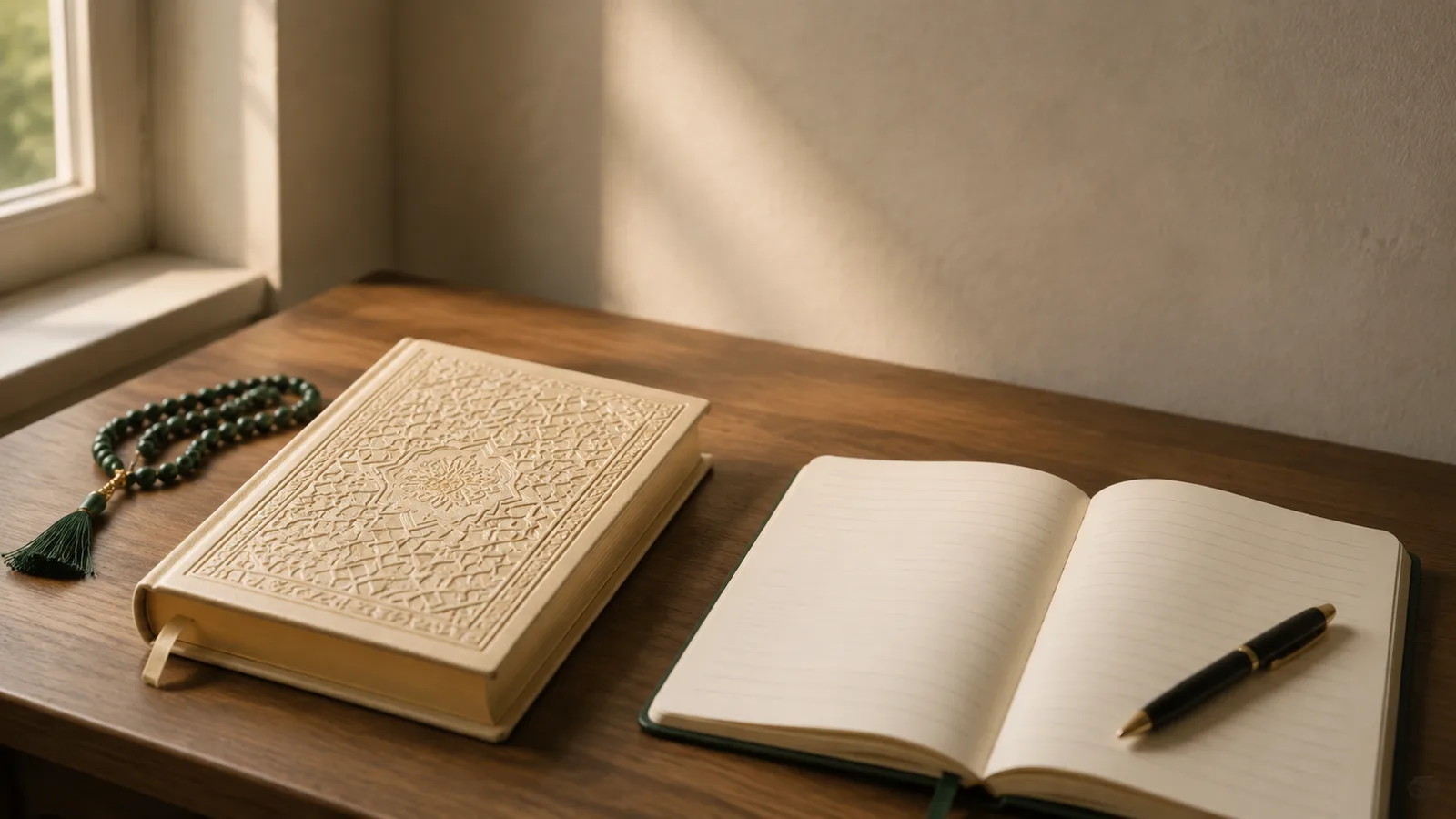A closed embossed Quran on a wooden desk beside an open notebook and pen, with prayer beads, in soft morning light
