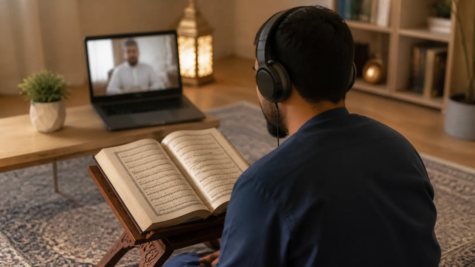 Adult learner following a Quran recitation lesson with headphones at home