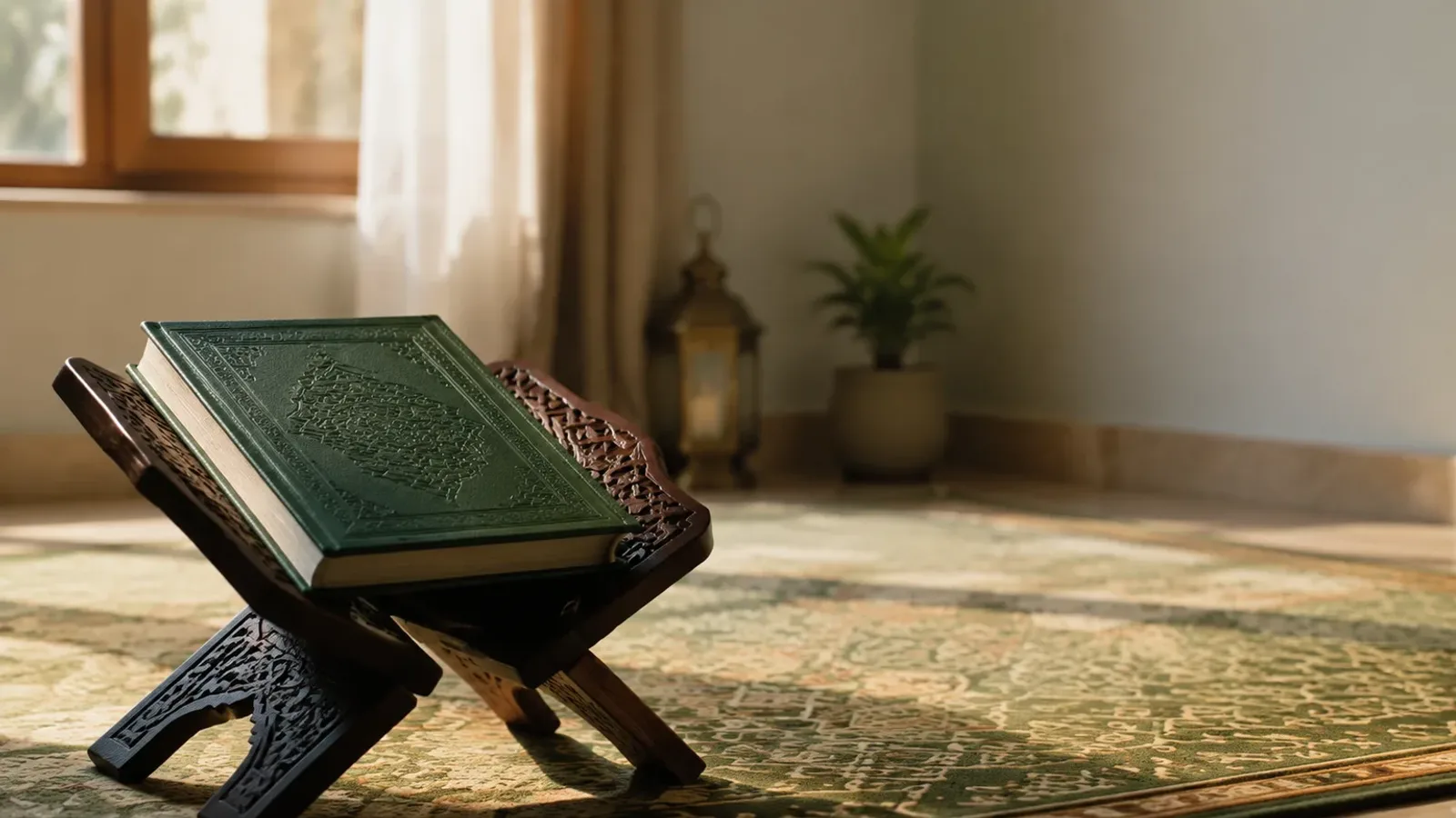 A closed Quran on a wooden stand resting on a green prayer rug in soft morning light