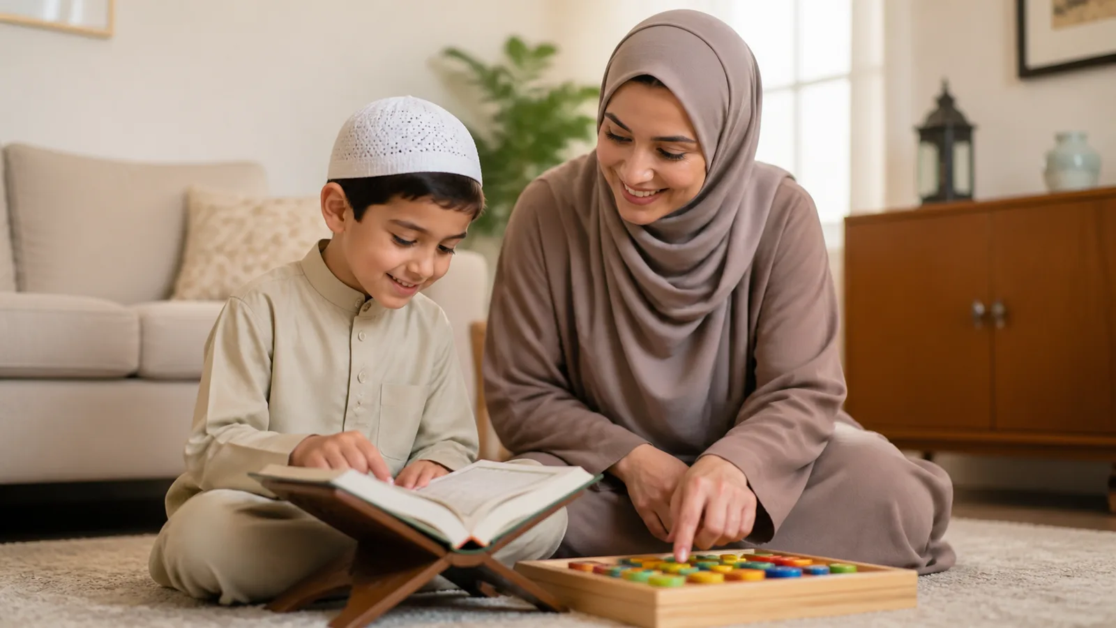 Parent helping a child use colourful progress tokens during Quran study