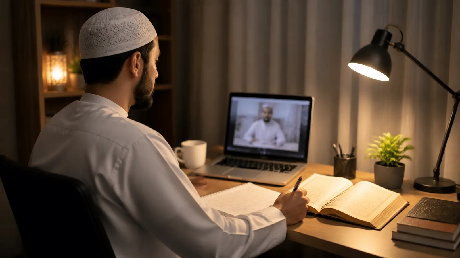 Adult learner taking a private online Quran lesson at an evening study desk