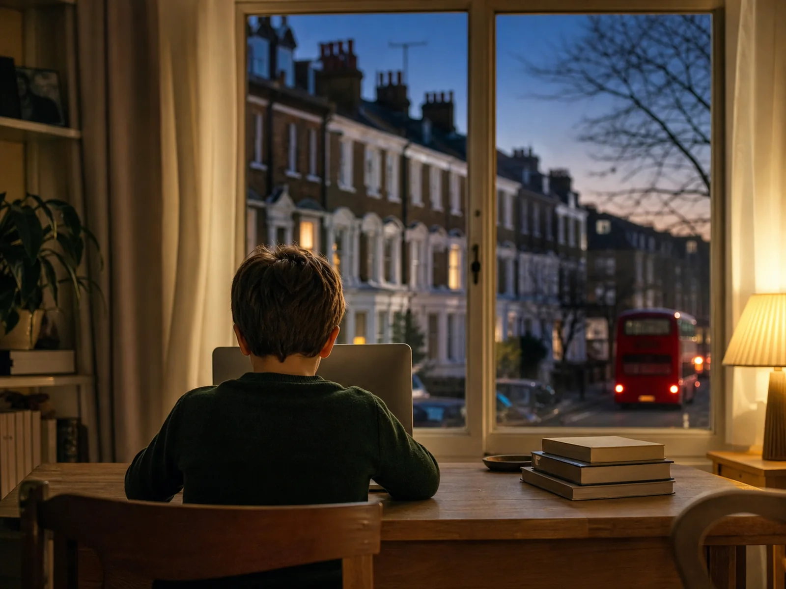 A child in London taking an online Quran class at home in the evening