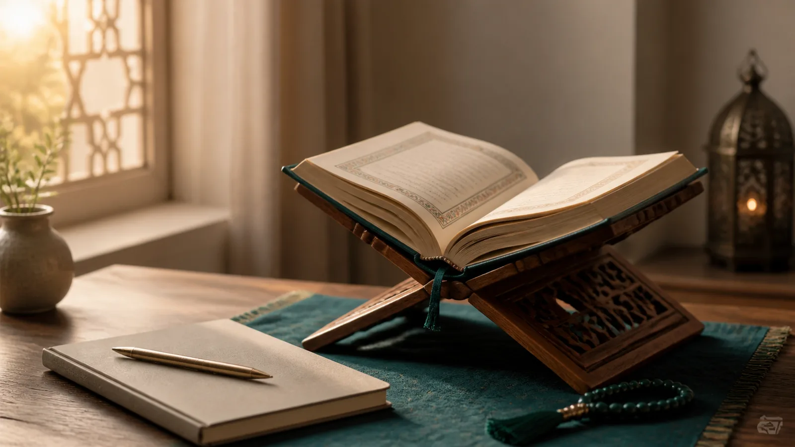 Quran study setting with an open mushaf, notebook and soft circular pronunciation motifs