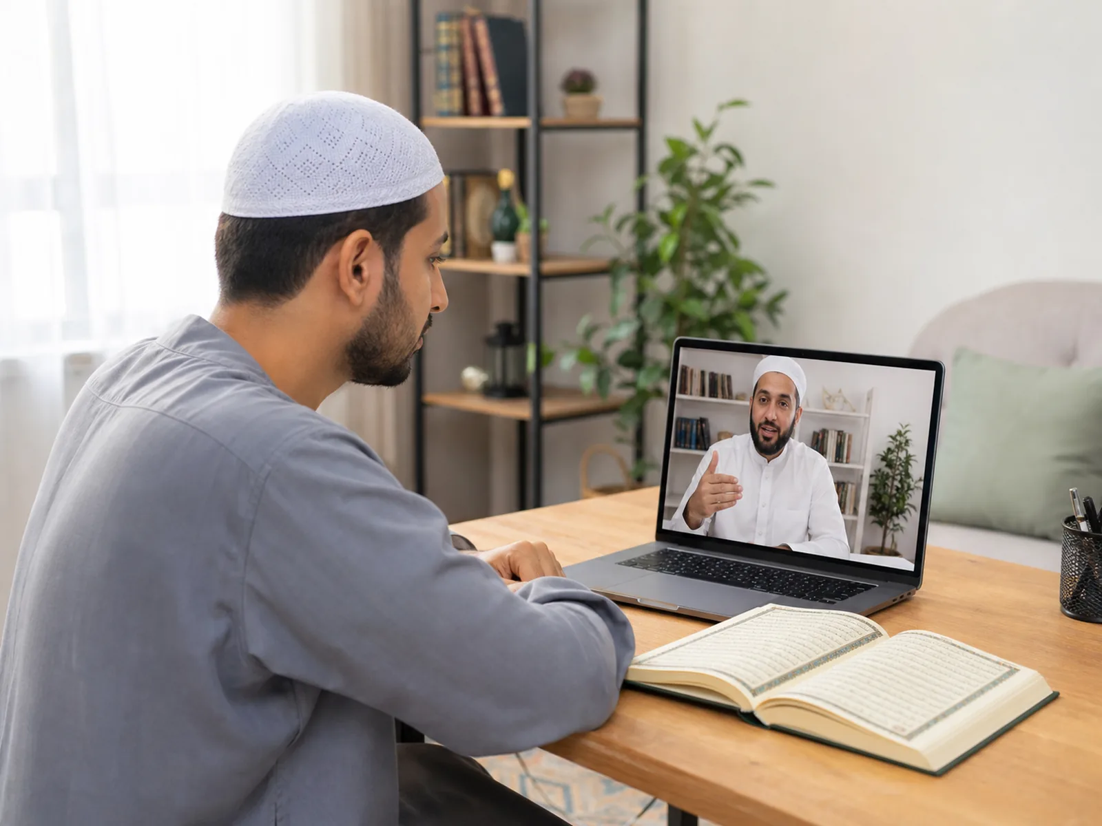 One teacher and one student in a private online Quran lesson