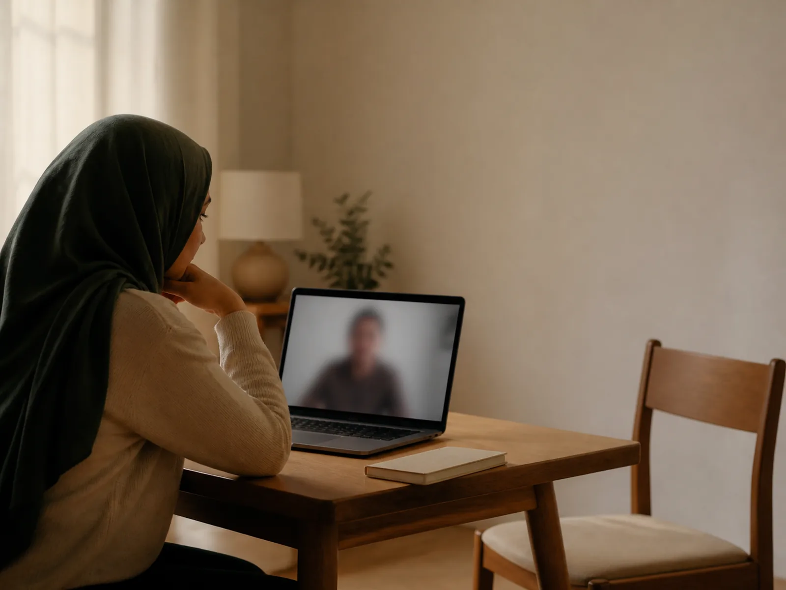 A woman listening to a tutor during a one-to-one video lesson