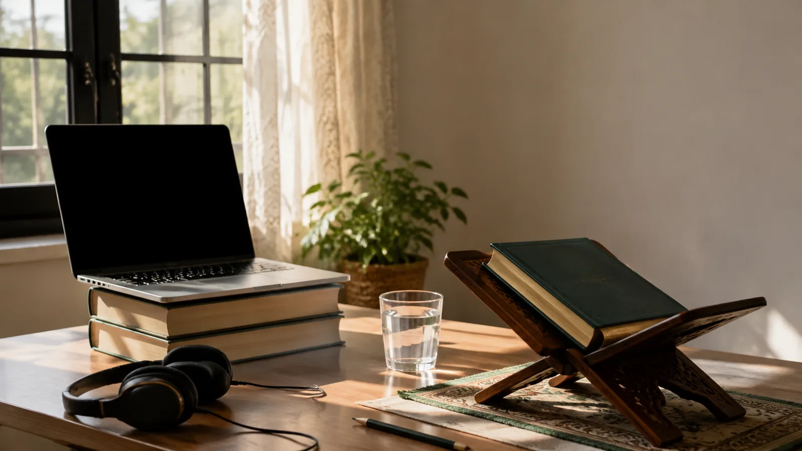 A tidy desk by a window with a laptop raised on books, a Quran on a wooden stand, wired headphones and a glass of water