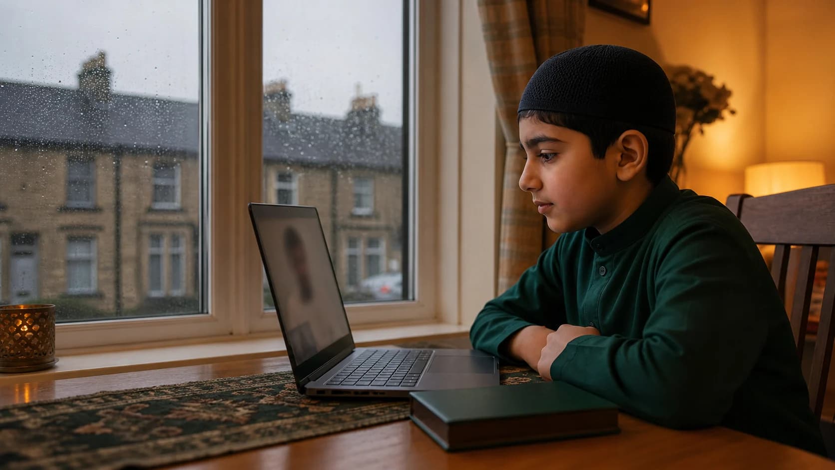 A student taking a private online Quran class at home in Bradford