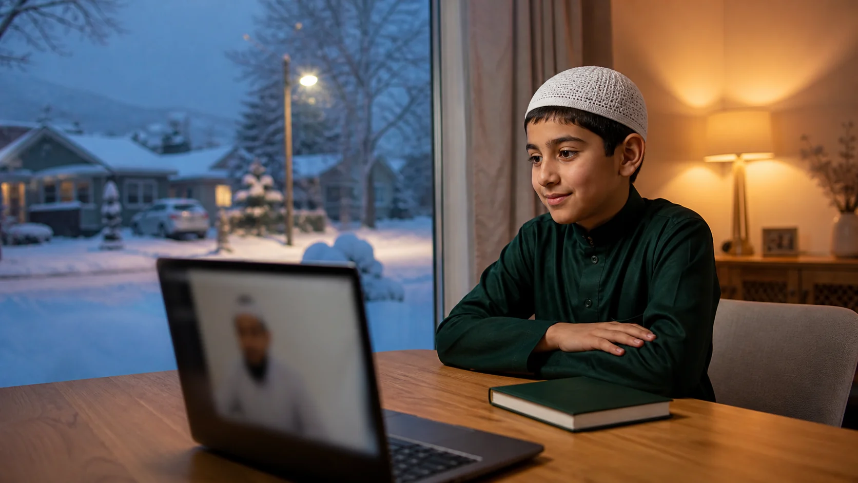 A student taking a private online Quran class at home in Calgary