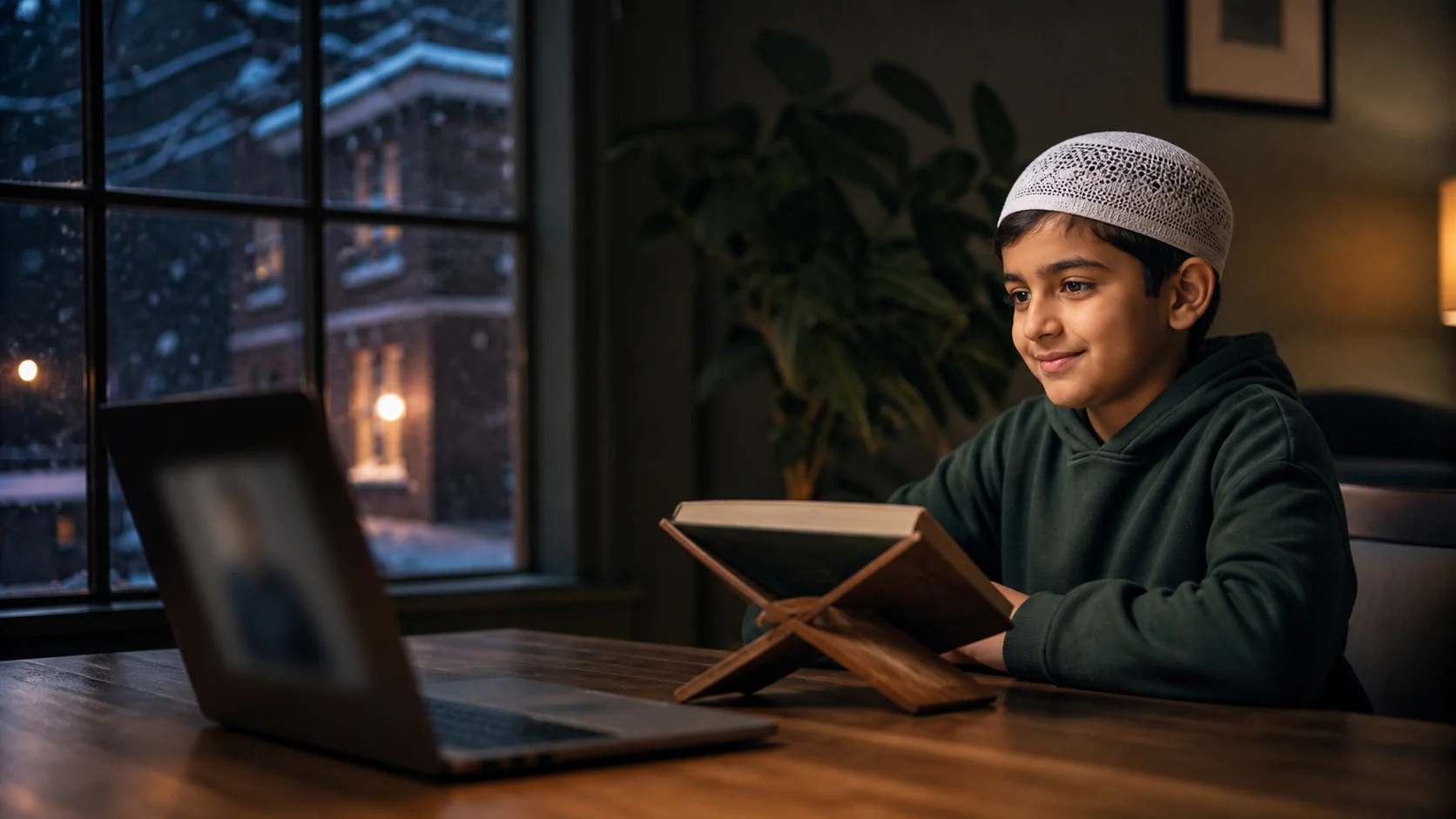 A student taking a private online Quran class at home in Chicago