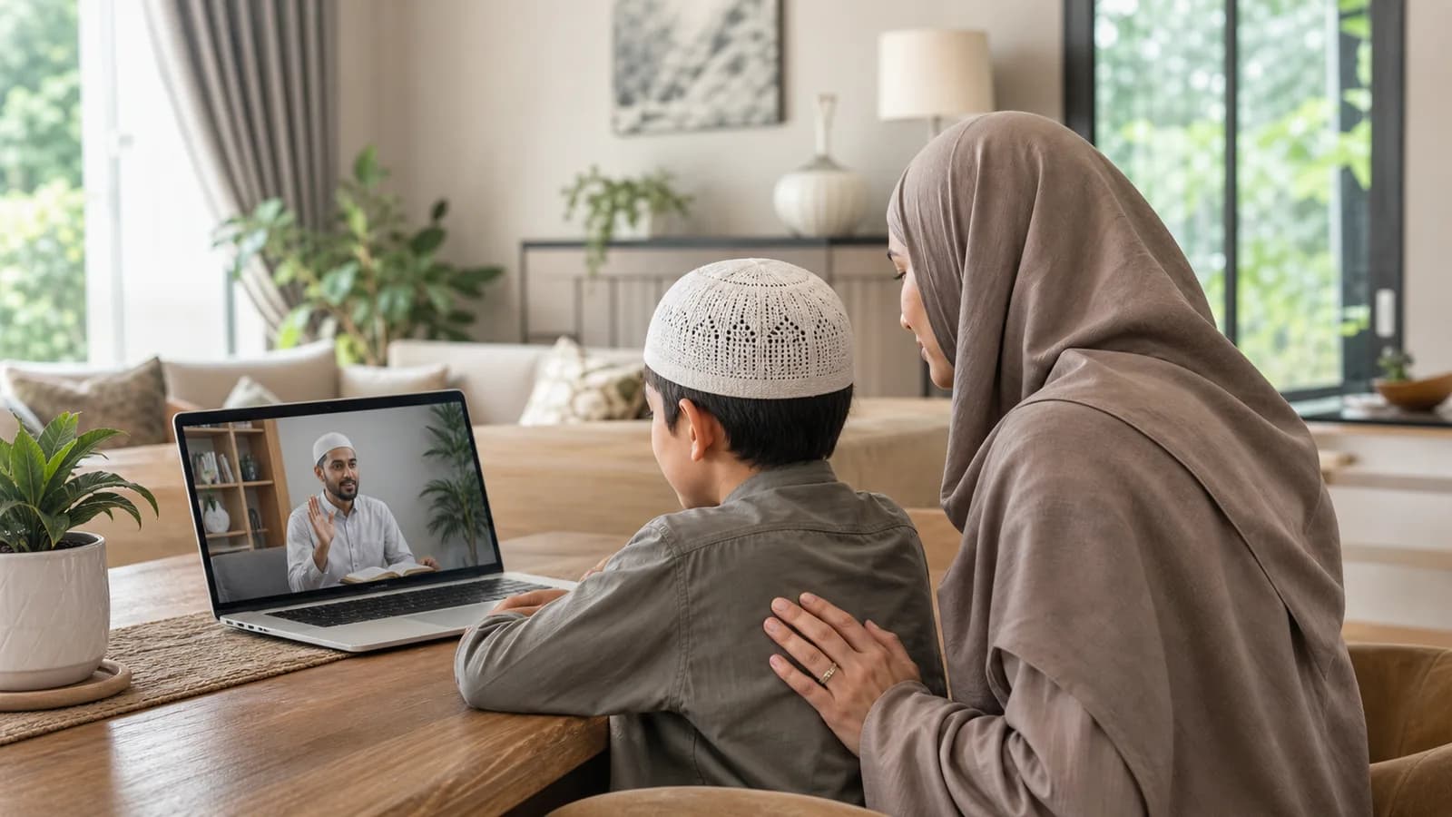Parent supervising a child's online Quran lesson in an open family space