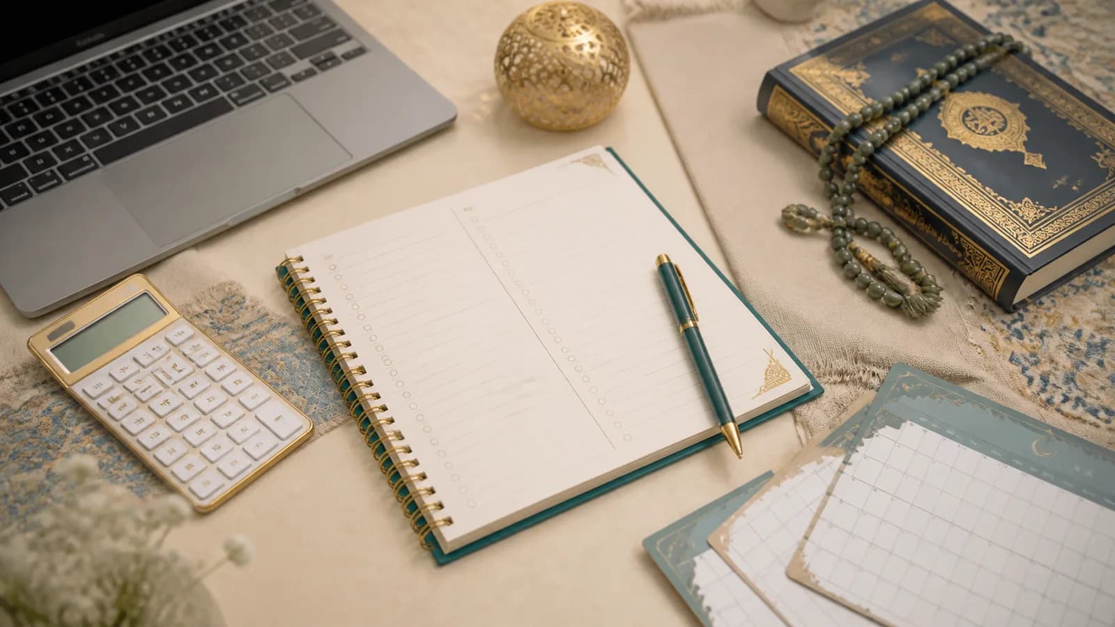 Family budget desk with calculator, calendar and Quran study materials