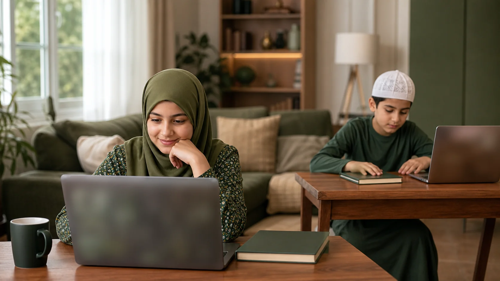 Two siblings preparing separately for their online Quran lessons at home