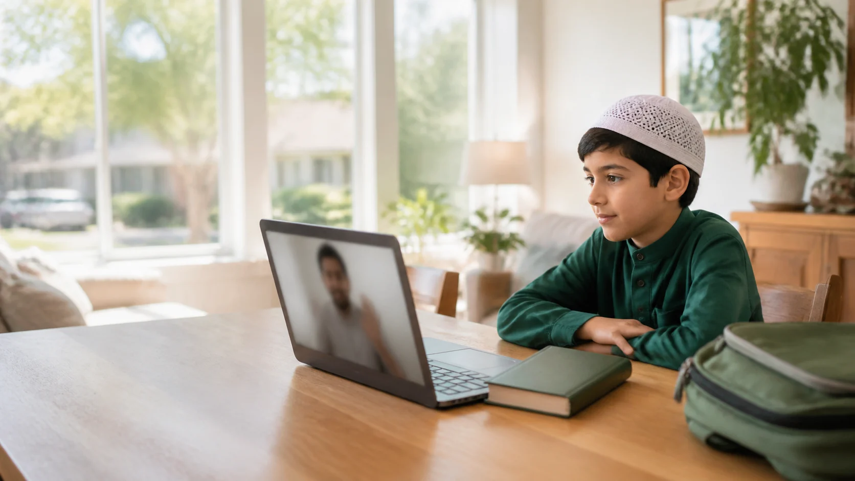 A student taking a private online Quran class at home in Houston