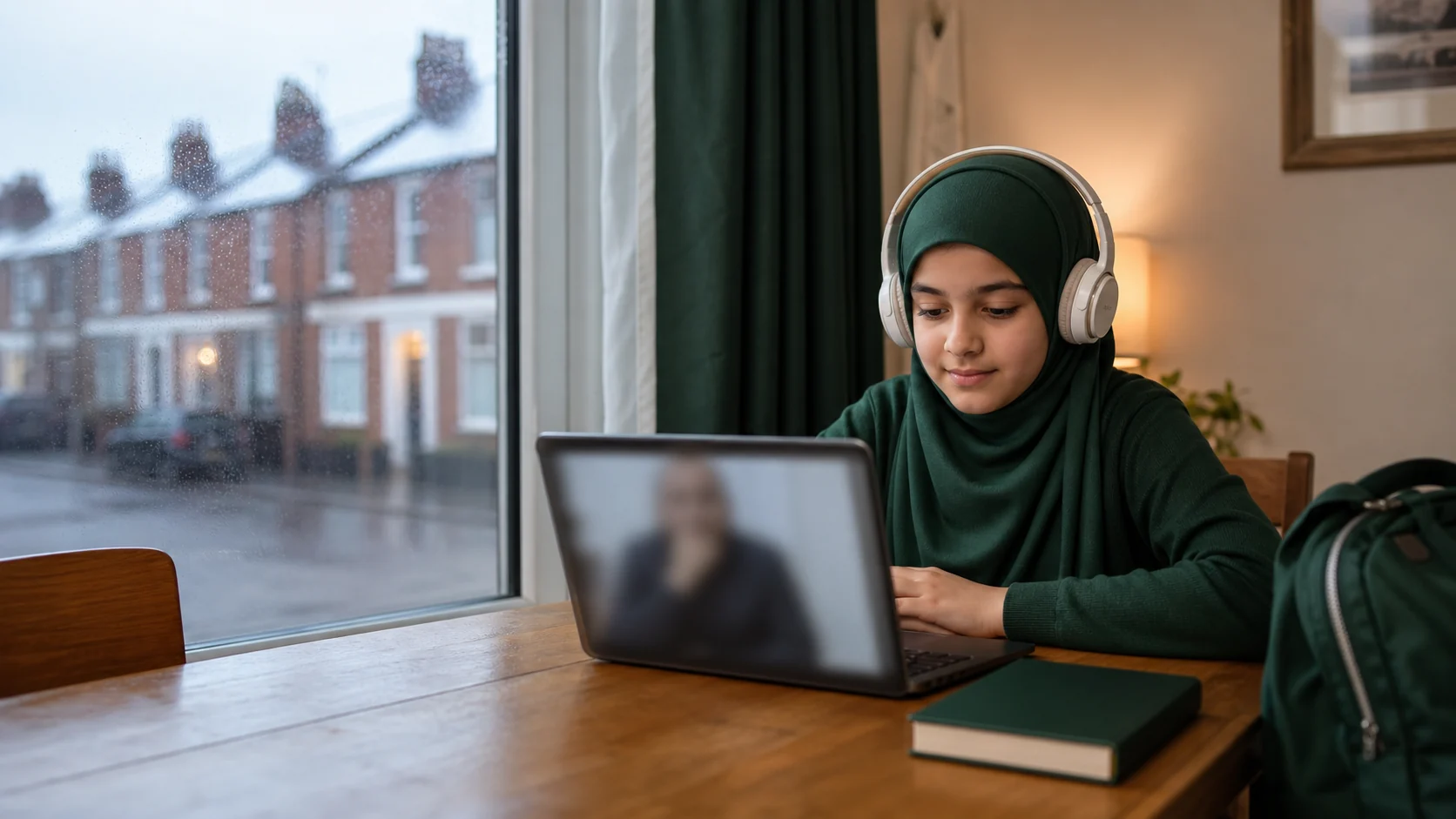 A student taking a private online Quran class at home in Leicester