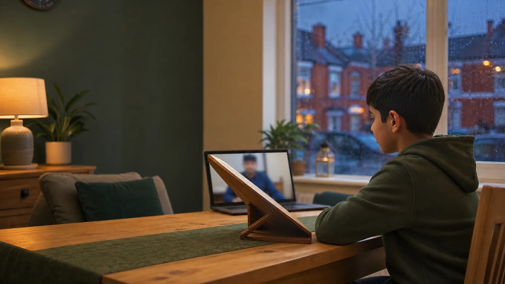 A child taking a private online Quran class at home on a rainy Manchester evening