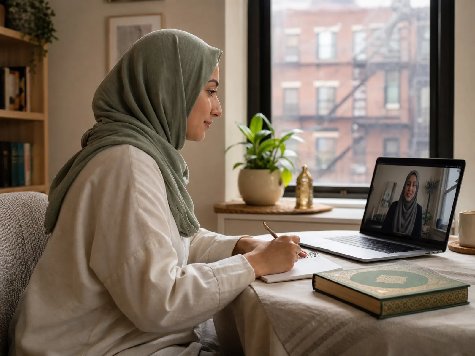 A student in New York taking a private online Quran class at home