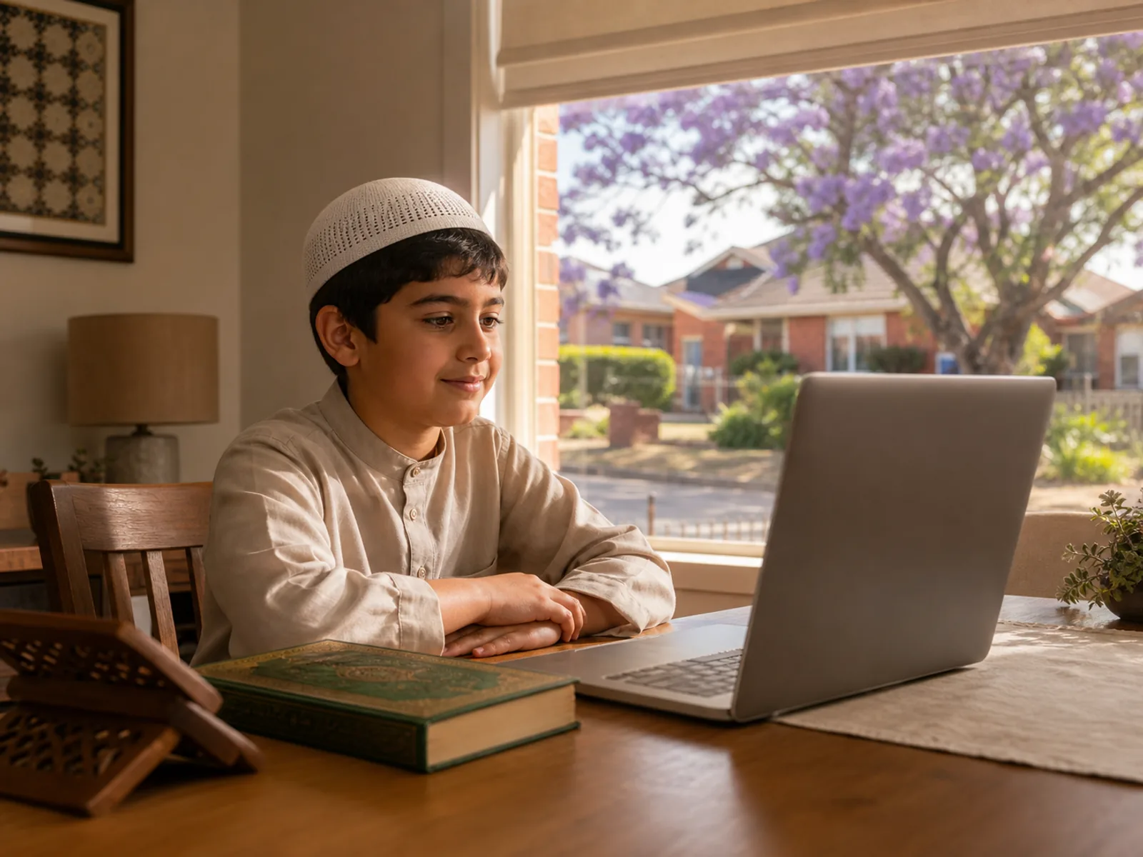 A child in Sydney taking an online Quran class at home on a bright summer afternoon