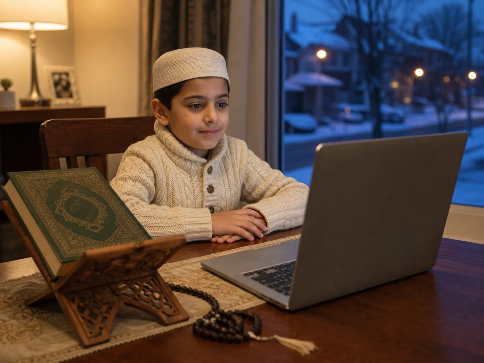 A child in Toronto taking an online Quran class at home on a winter evening