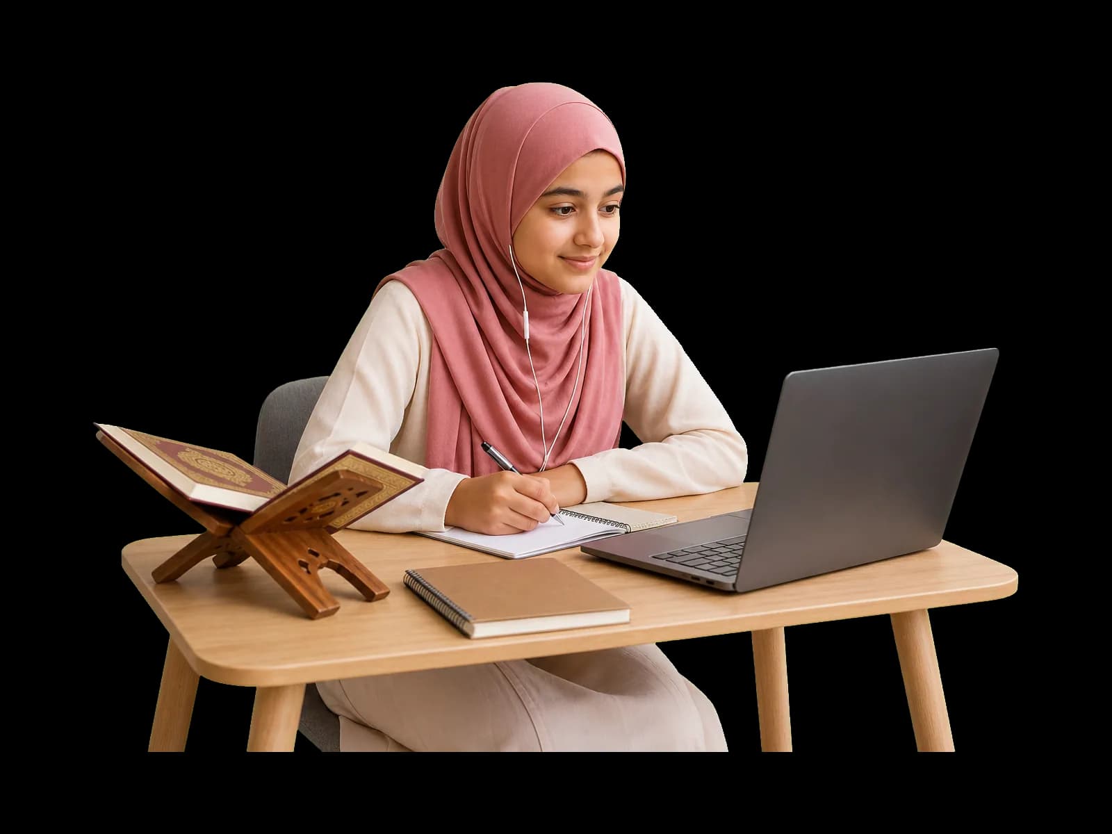 A student in the UK taking a live one-to-one online Quran lesson at home